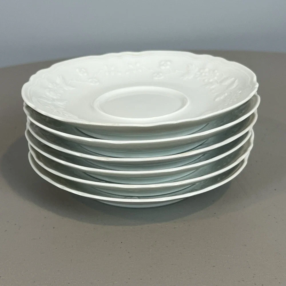 Limoges France Raynaud Ceralene Hawthorn Embossed White Saucers Set of 6